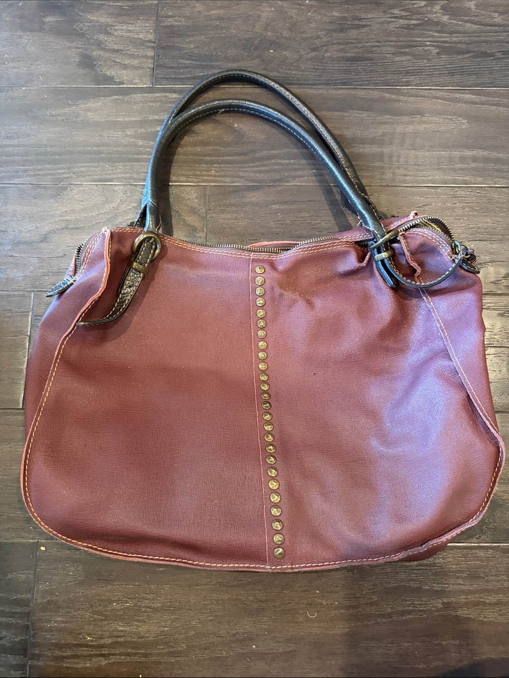 Stud-Trim Burgundy Tote with Contrast Handles